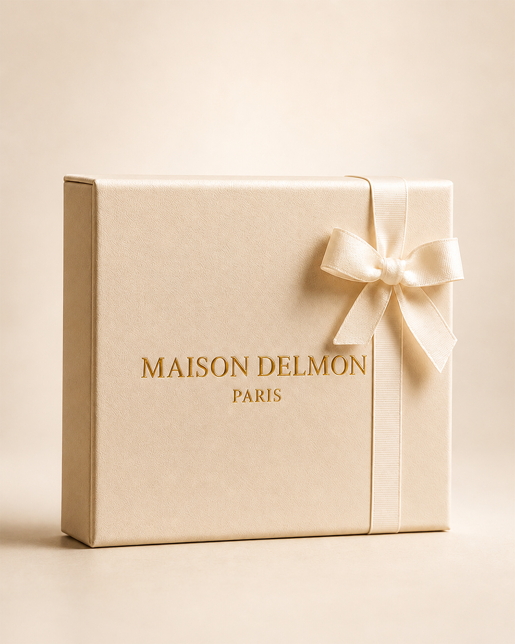 Maison Delmon Paris écrin — embossed coffret, grosgrain ribbon, gold-stamped insignia