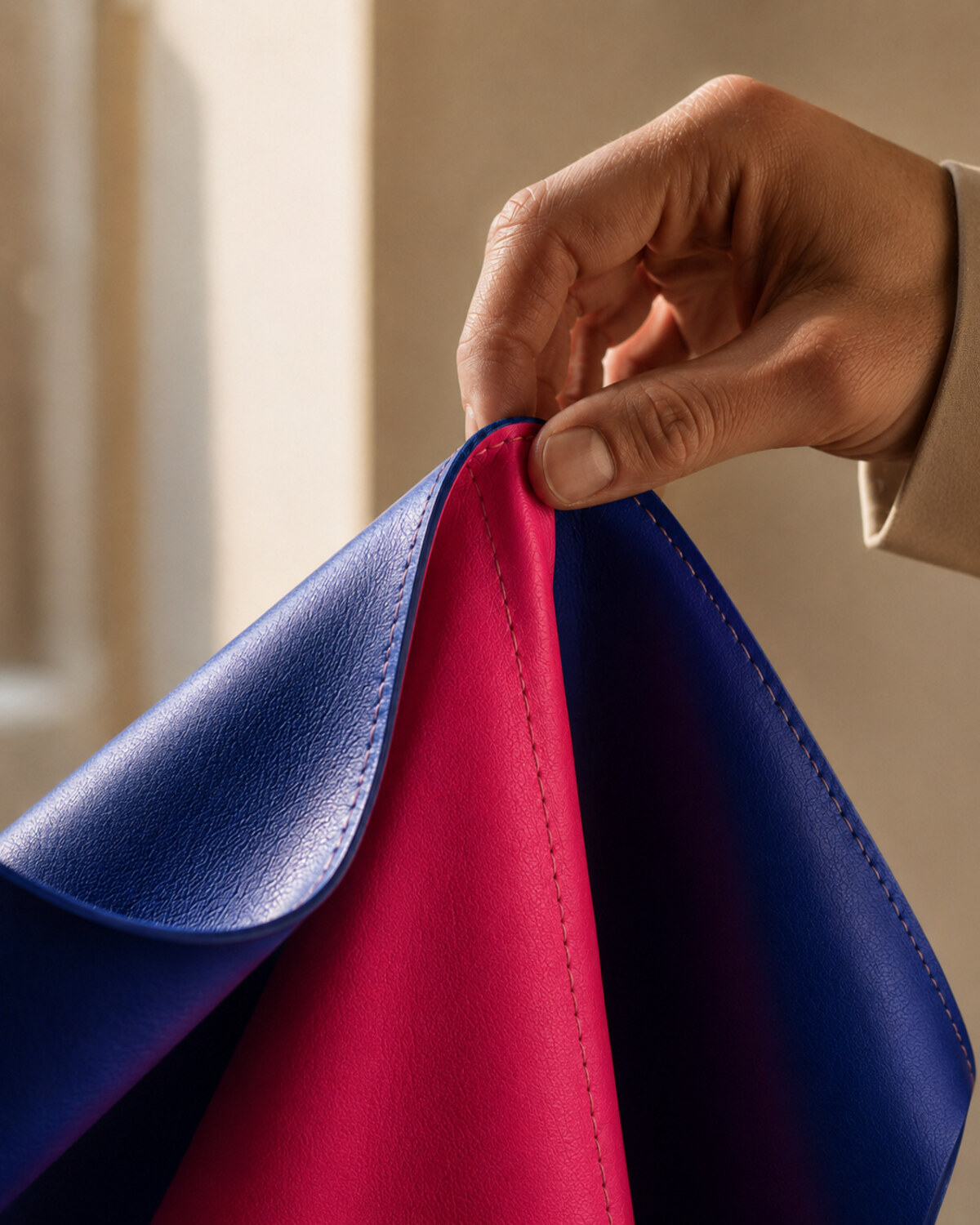 Maroquinerie — le geste de la main sur le cuir bleu (Lookbook 2026, aspect natif 4:5 portrait)