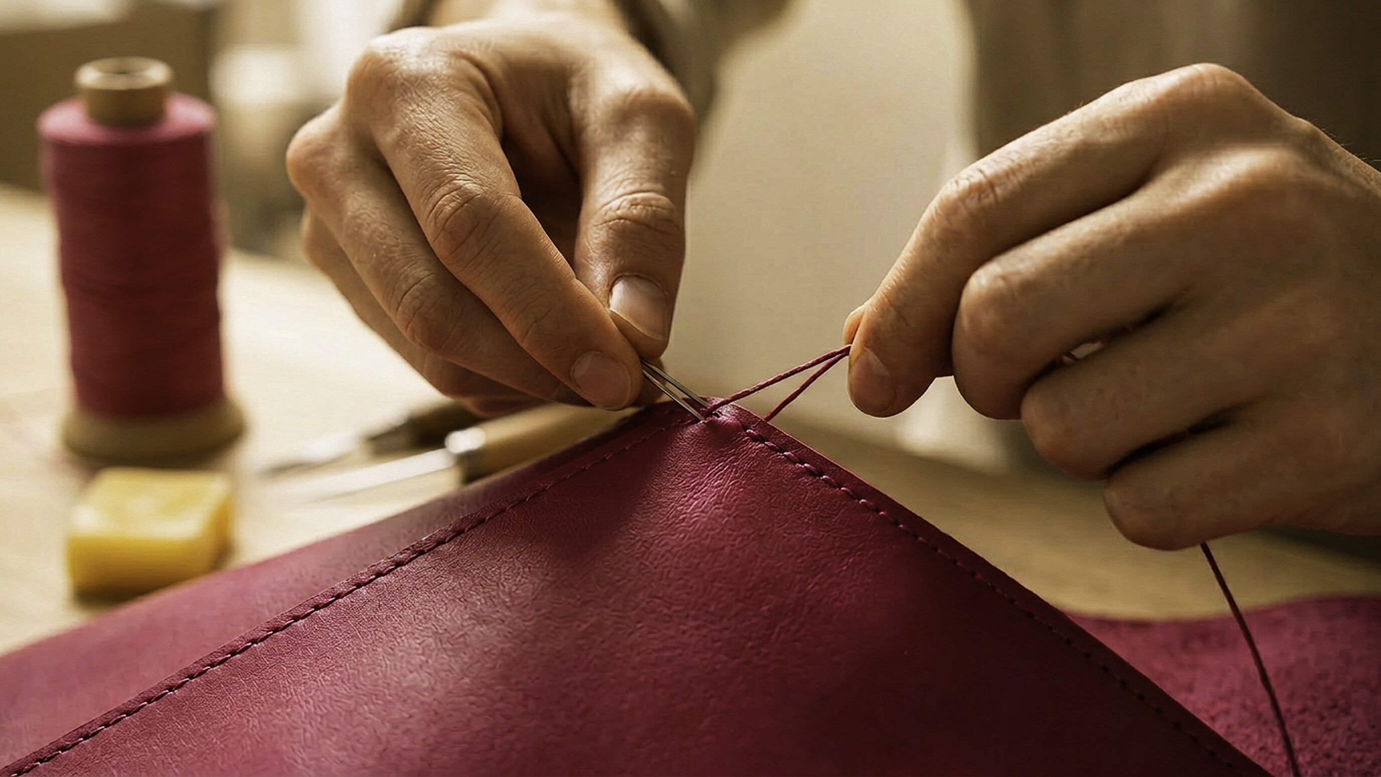 Le geste sellier — point sellier deux aiguilles sur cuir framboise, atelier Maison Delmon Paris